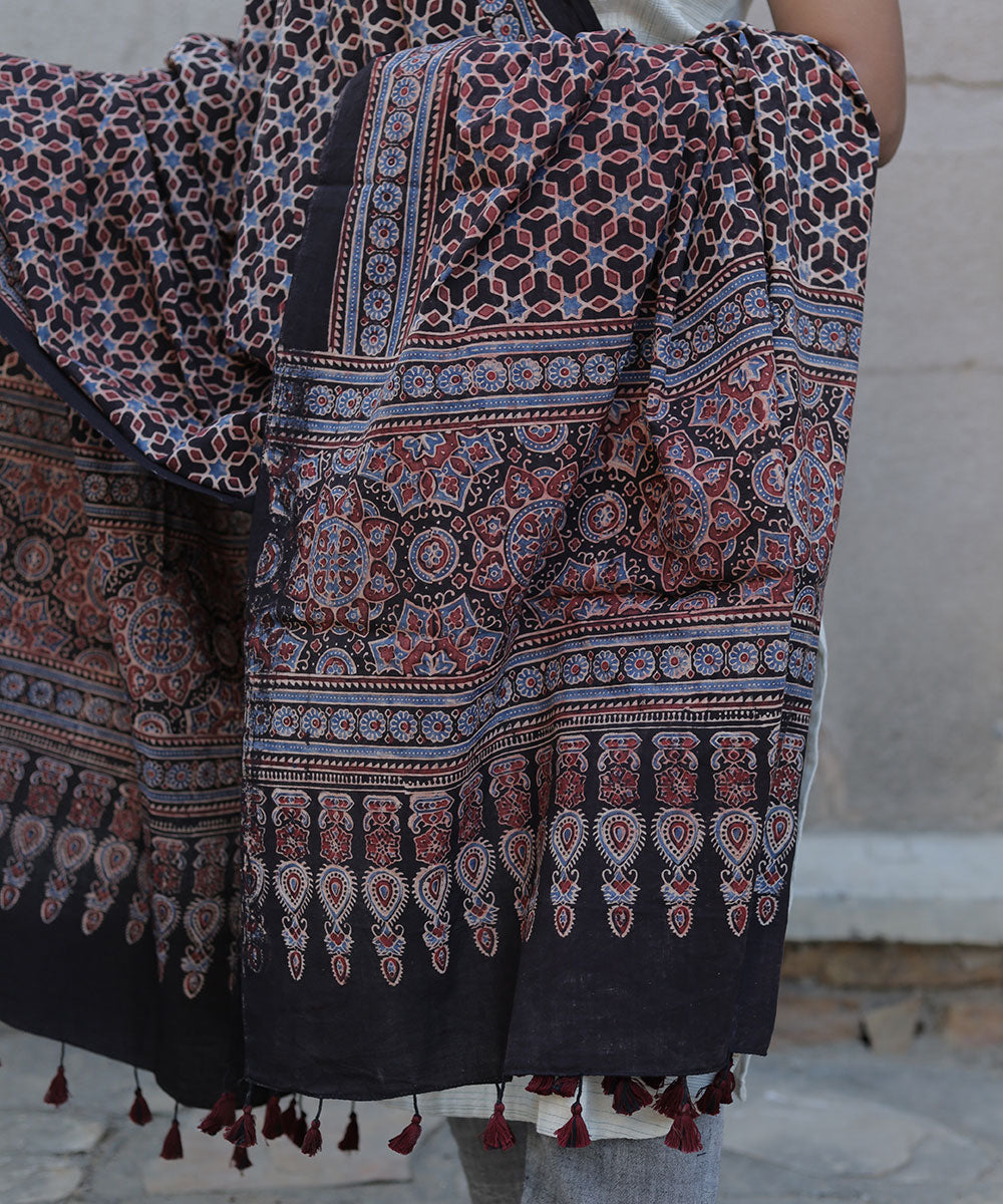 Brown - Hand Block Printed Cotton Ajrakh Dupatta 80 main image 1
