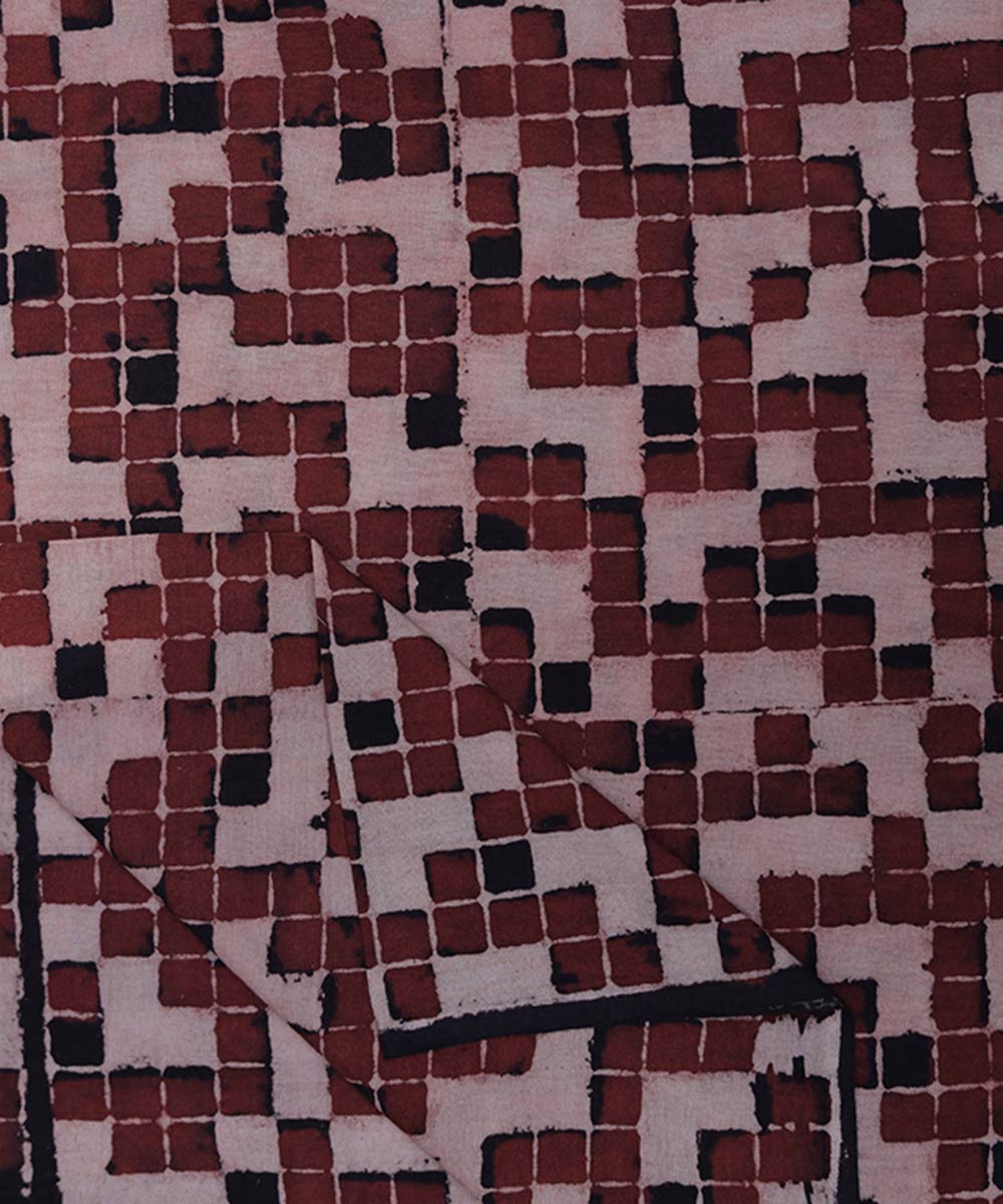 Red off white natural dye block print mosaic pattern cotton fabric