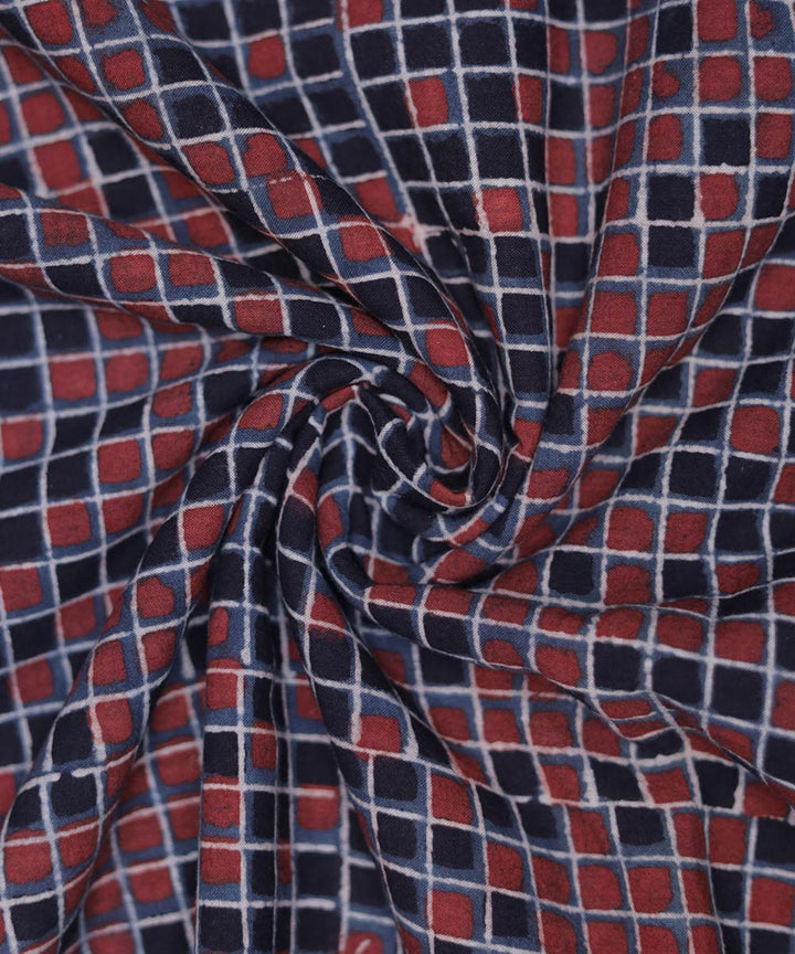 Red black natural dye hand block printed mosaic pattern cotton fabric