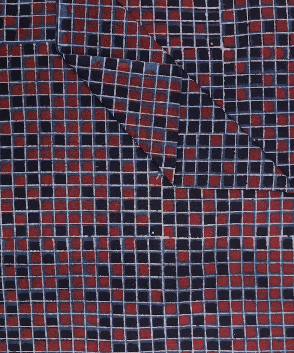 Red black natural dye hand block printed mosaic pattern cotton fabric