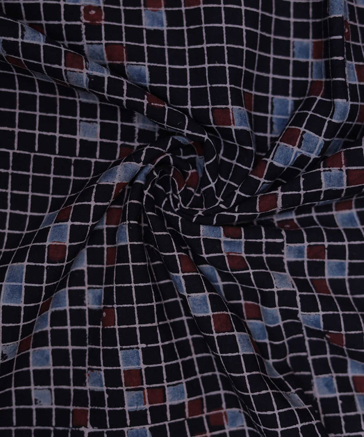 Black white natural dye hand block print mosaic pattern cotton fabric