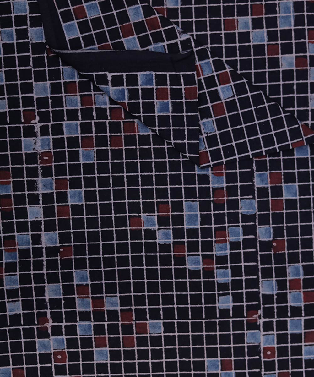Black white natural dye hand block print mosaic pattern cotton fabric
