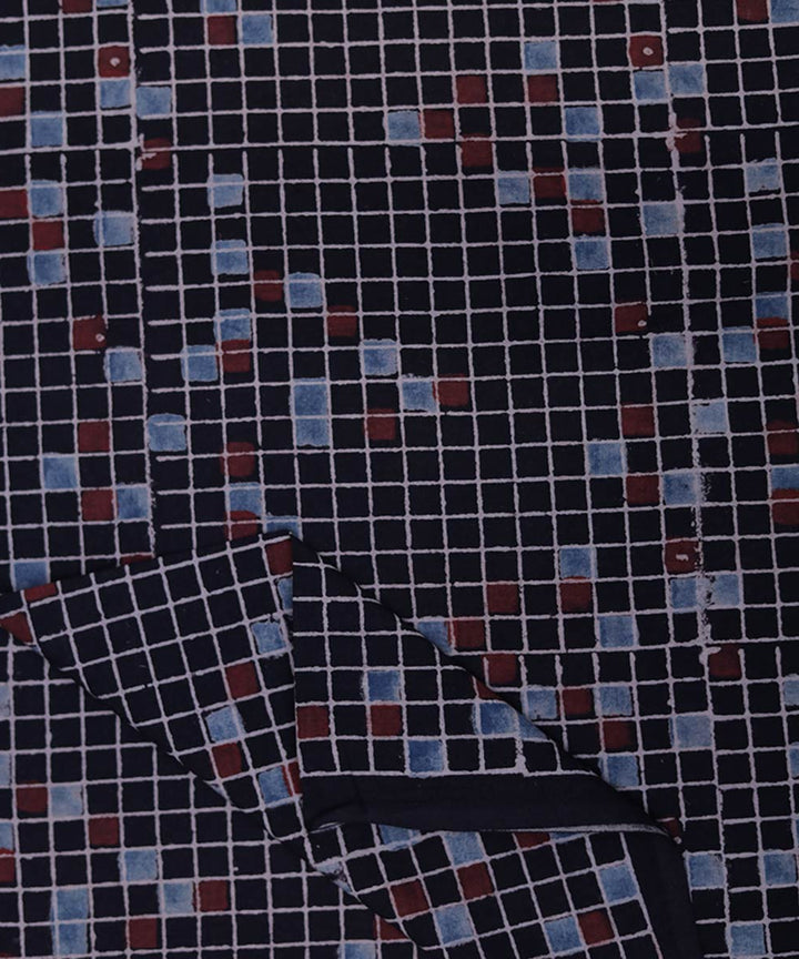 Black white natural dye hand block print mosaic pattern cotton fabric