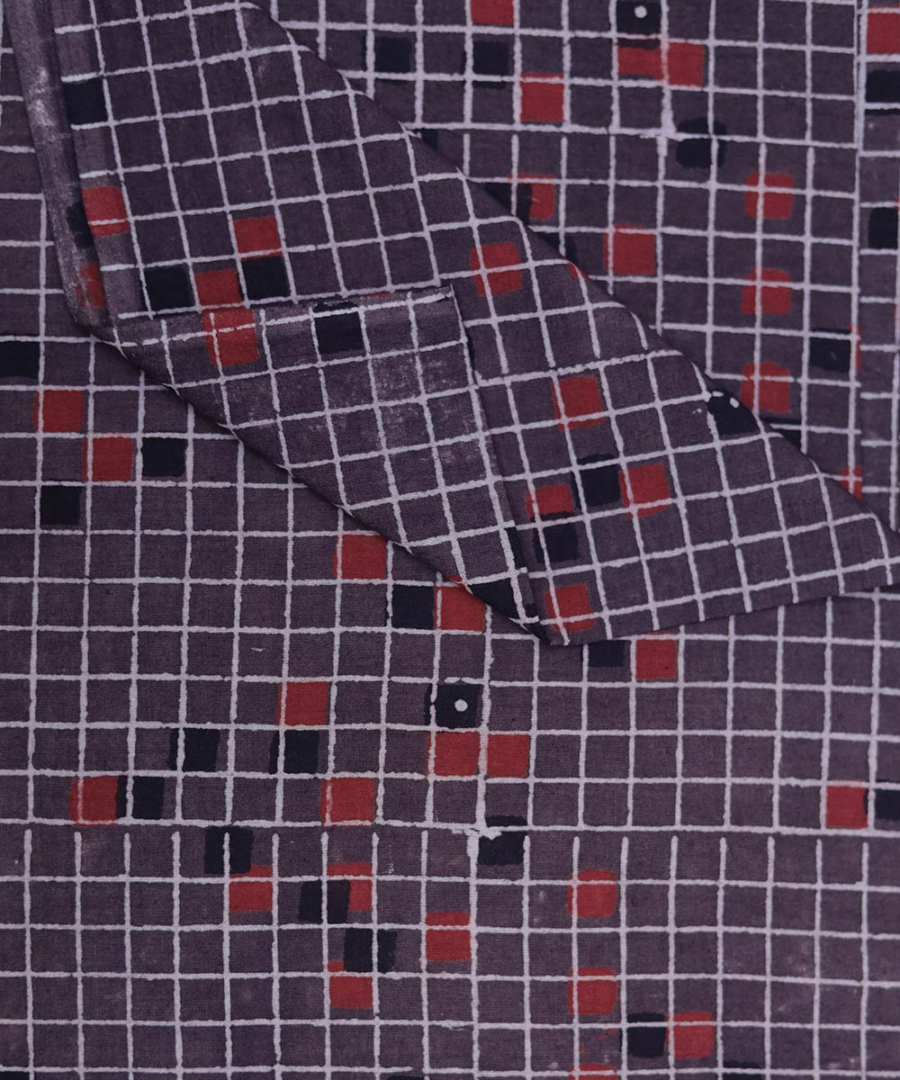 Red brown natural dye hand block print mosaic pattern cotton fabric