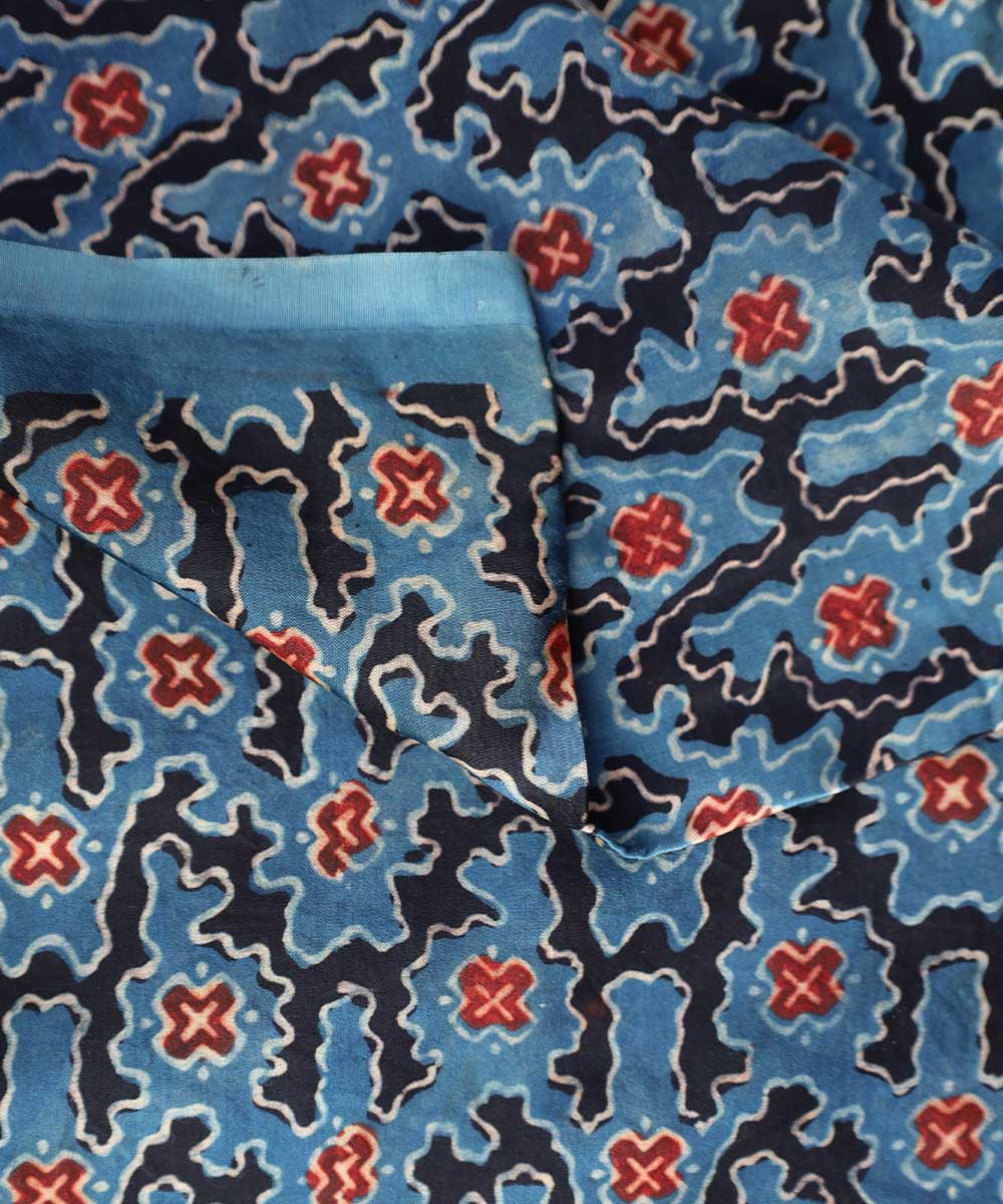 Blue black block printed modal fabric