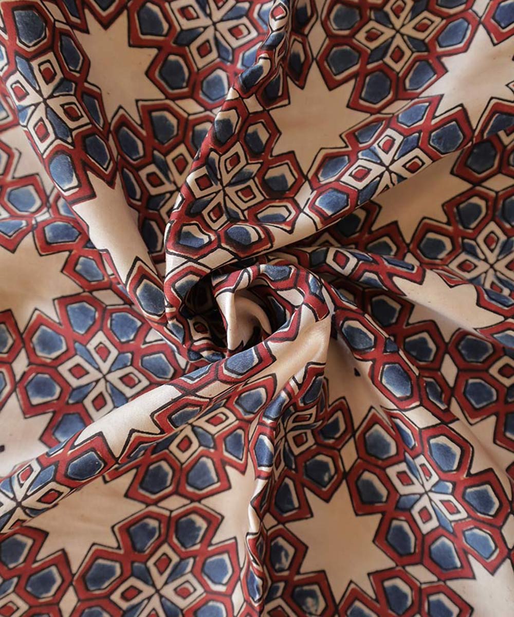 Beige hexagon florals hand block printed modal fabric