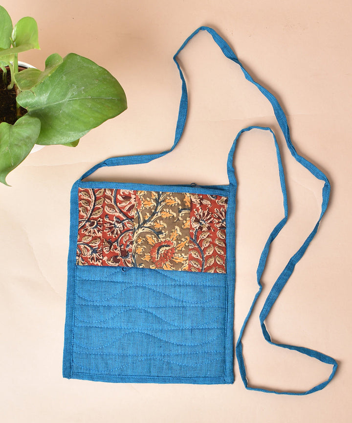 Cyan blue green hand printed cotton sling bag
