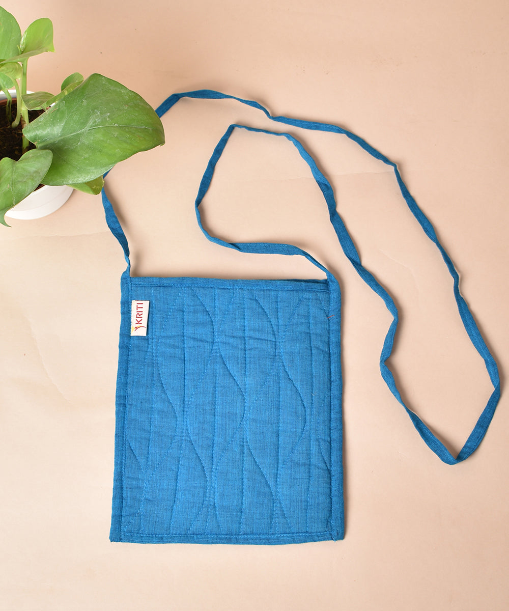 Cyan blue green hand printed cotton sling bag