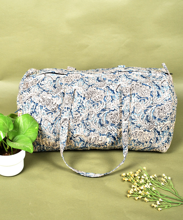 White multicolor hand printed cotton overnight duffle bag