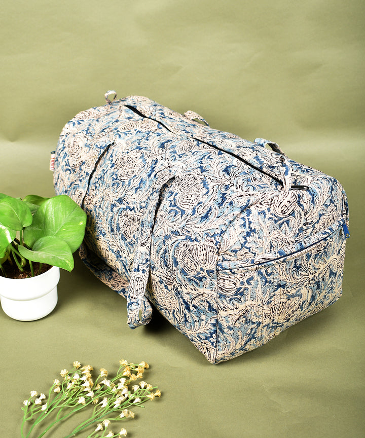White multicolor hand printed cotton overnight duffle bag