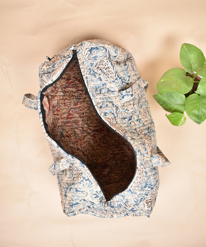 White multicolor hand printed cotton overnight duffle bag