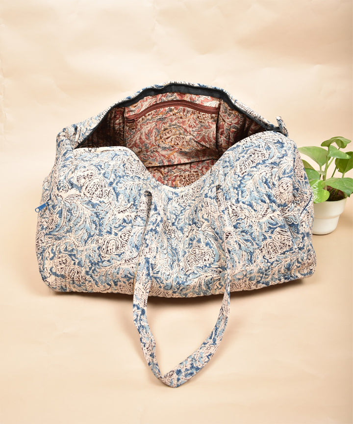 White multicolor hand printed cotton overnight duffle bag