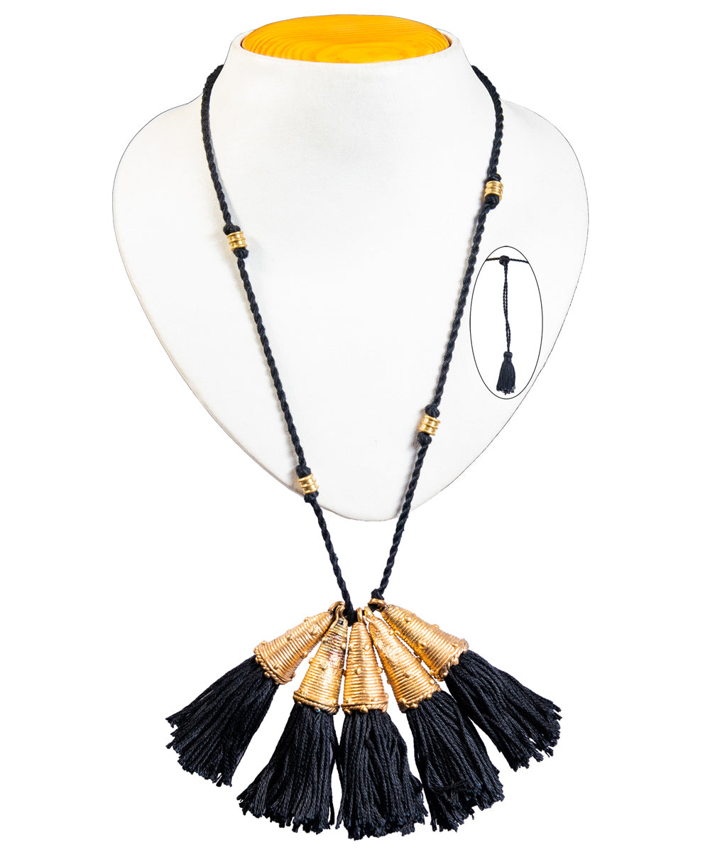 Black thread handmade five tassels pendant brass necklace