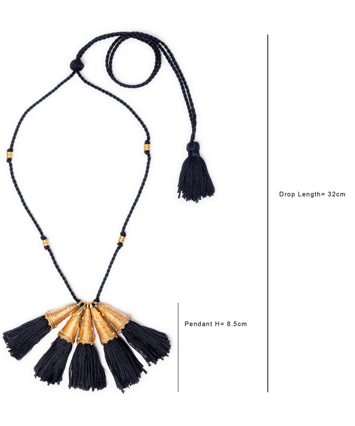 Black thread handmade five tassels pendant brass necklace