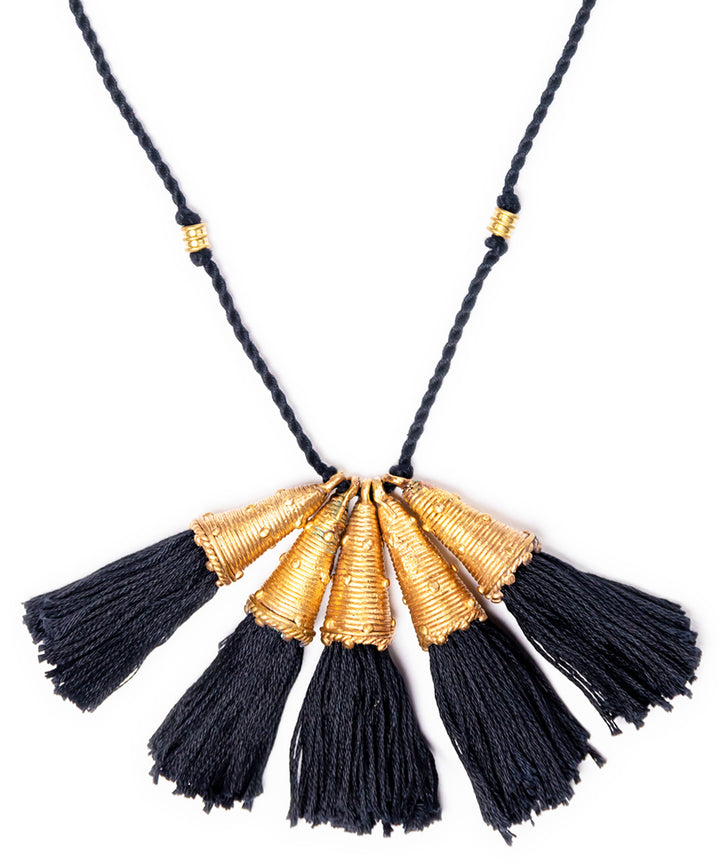 Black thread handmade five tassels pendant brass necklace