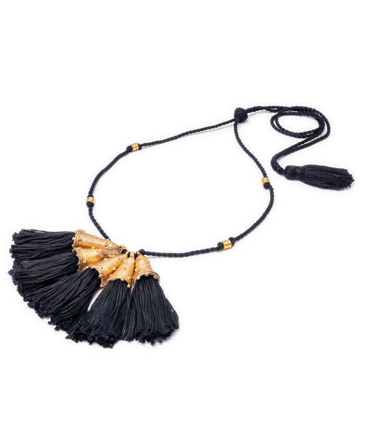 Black thread handmade five tassels pendant brass necklace
