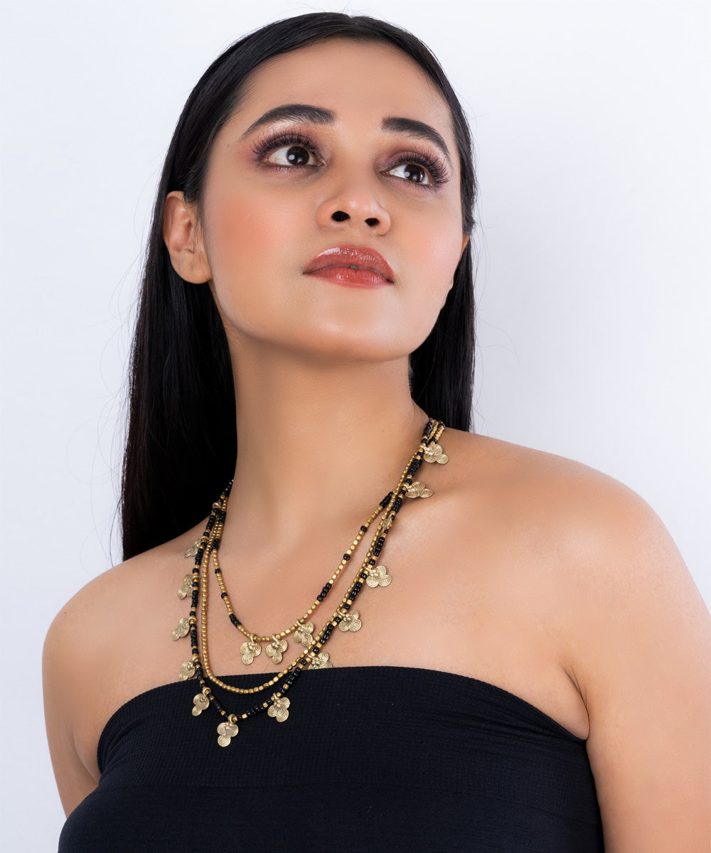 Black and golden dhokra brass multi layered necklace