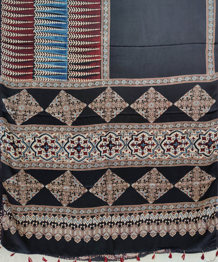 Black cream hand printed modal silk ajrakh saree