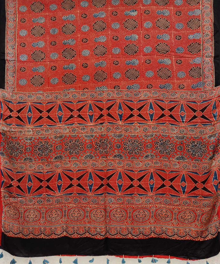 Red cream hand printed modal silk ajrakh saree
