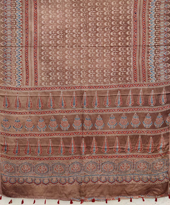 Multicolor hand printed modal silk ajrakh saree