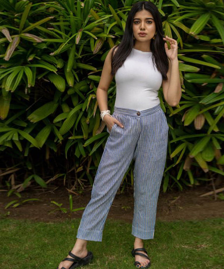 Blue and white handcrafted stripe ankle pant