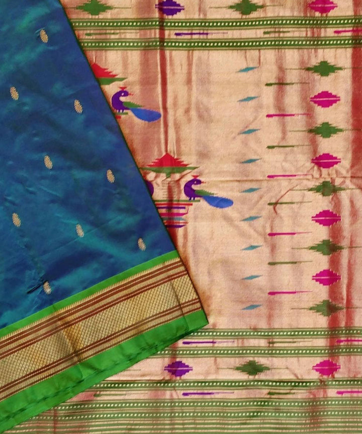 Peacock blue handloom silk paithani saree with green border