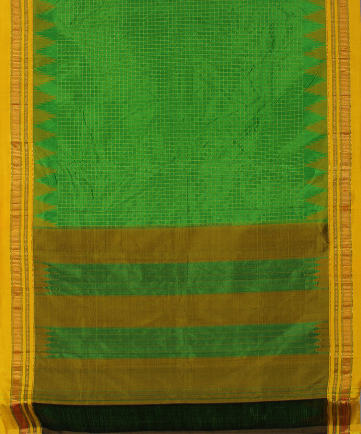 Light parrot green with yellow checks handwoven silk ilkal saree