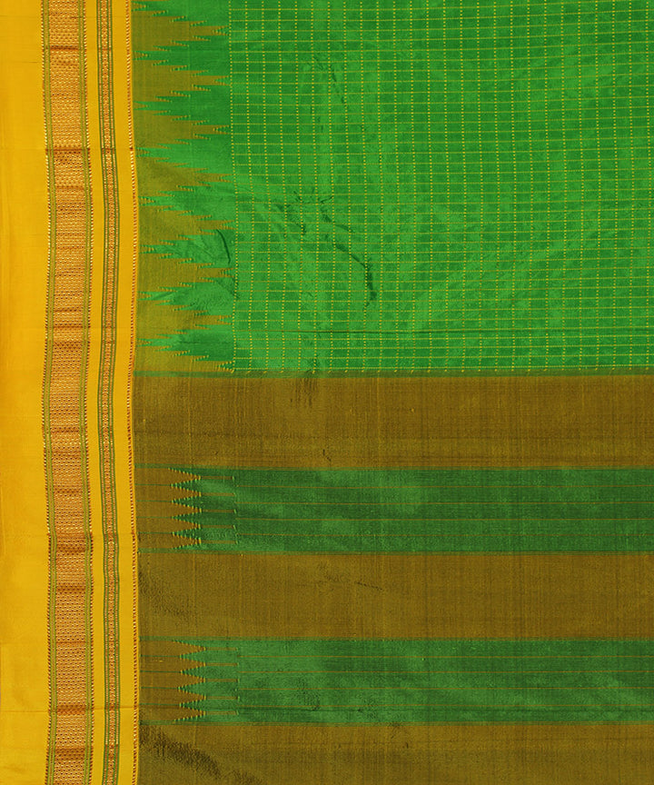 Light parrot green with yellow checks handwoven silk ilkal saree