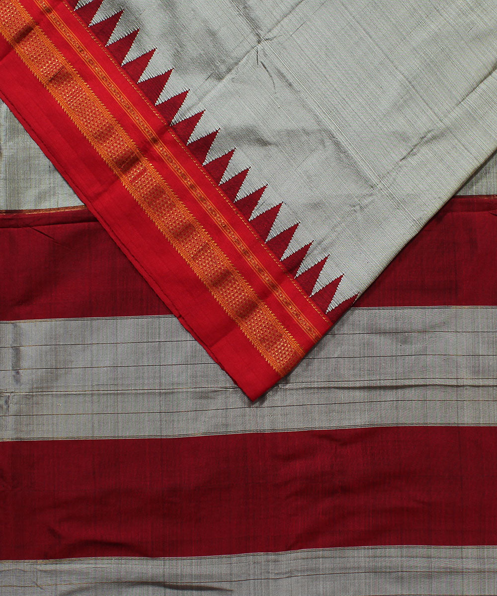 Grey red handwoven silk ilkal saree