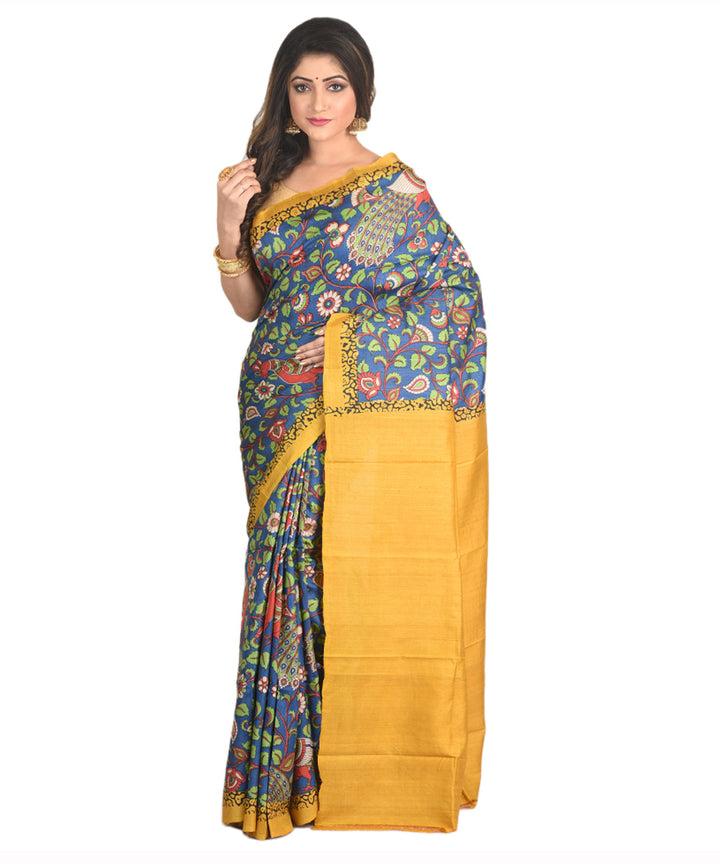 Navy blue yellow handblock printed tussar silk handloom sari