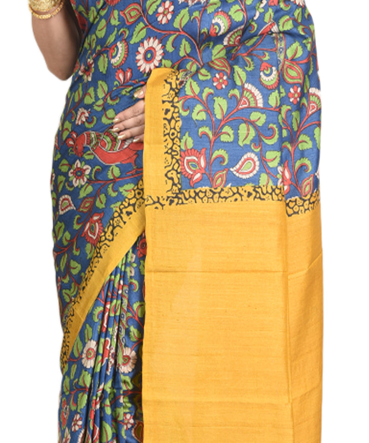 Navy blue yellow handblock printed tussar silk handloom sari