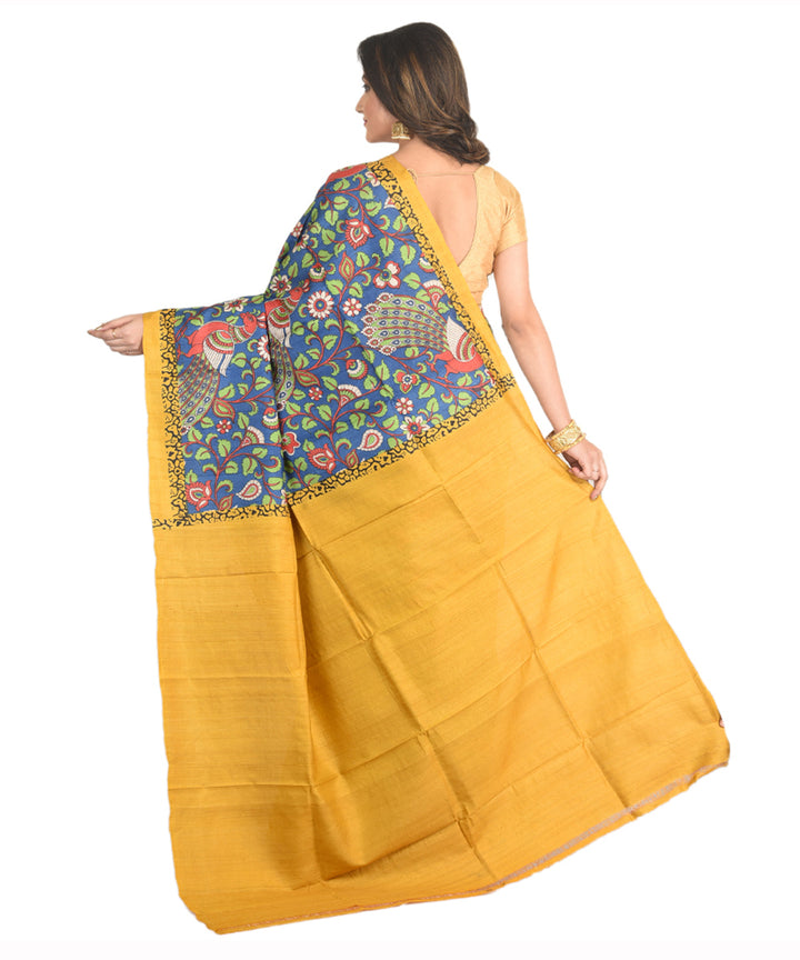 Navy blue yellow handblock printed tussar silk handloom sari
