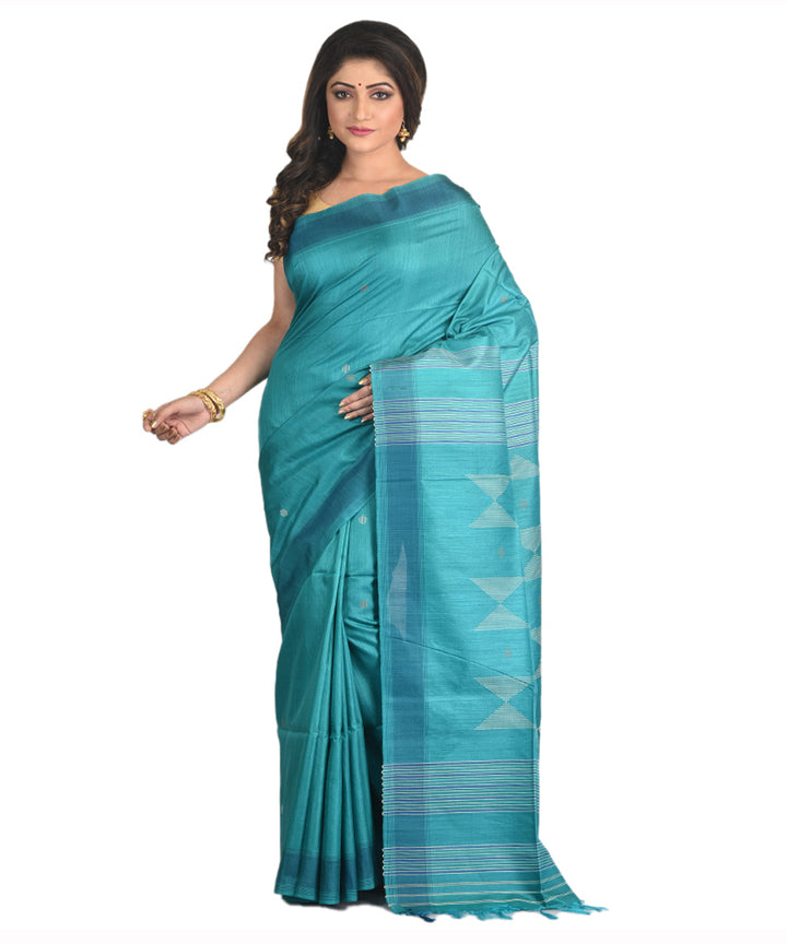 Teal green handwoven tussar silk sari