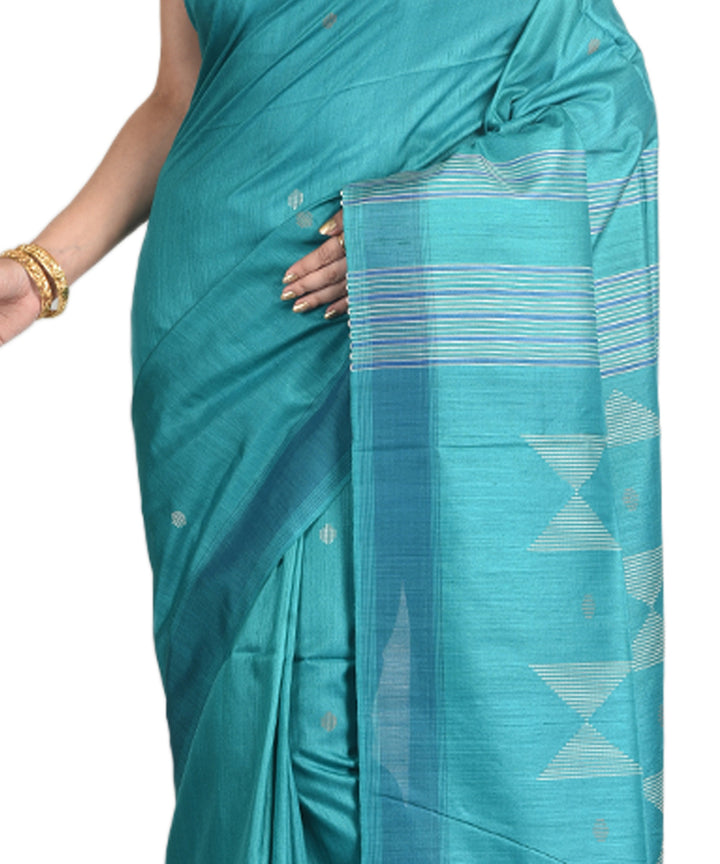 Teal green handwoven tussar silk sari