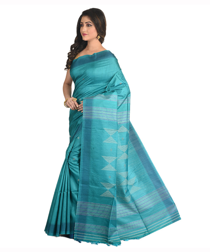 Teal green handwoven tussar silk sari