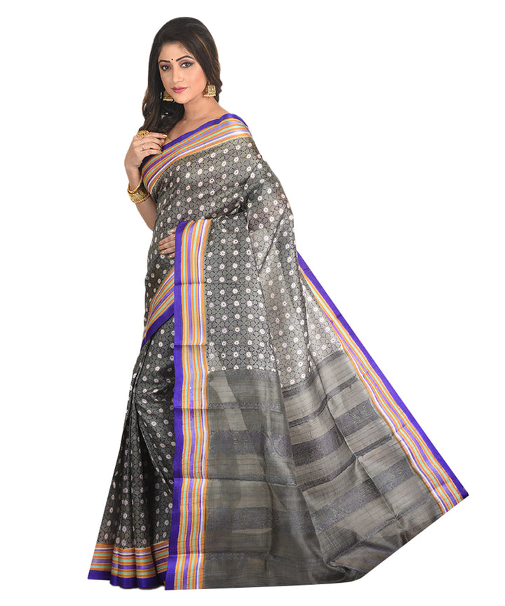 Grey handblock printed silk sari