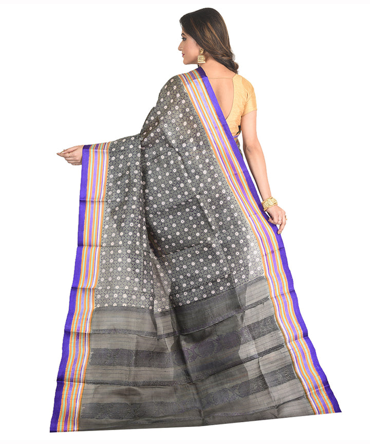 Grey handblock printed silk sari