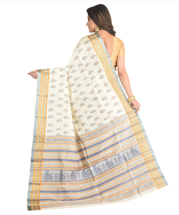 White handblock printed silk sari