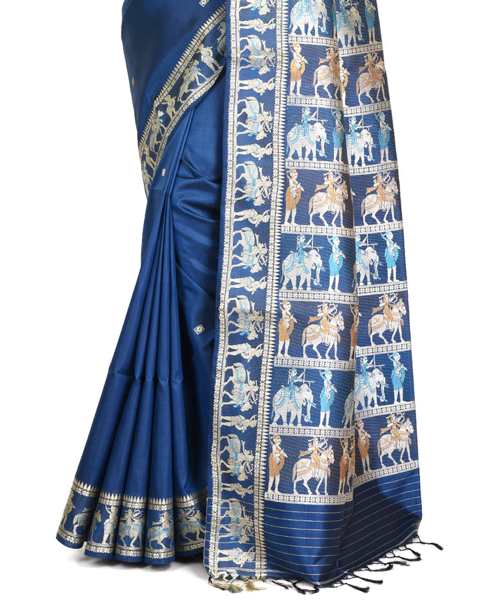 Navy blue handwoven silk bengal sari