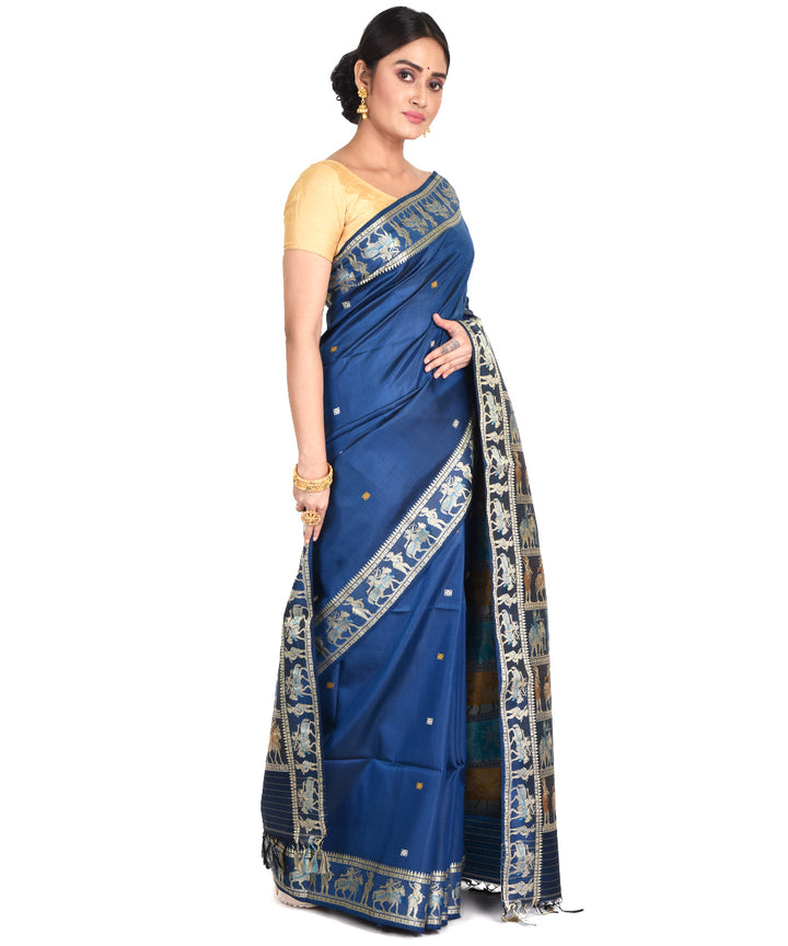 Navy blue handwoven silk bengal sari