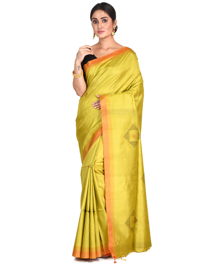 Lime yellow green handwoven tussar silk bengal sari