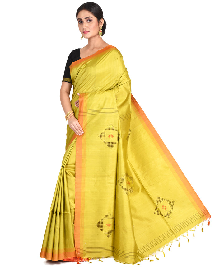 Lime yellow green handwoven tussar silk bengal sari