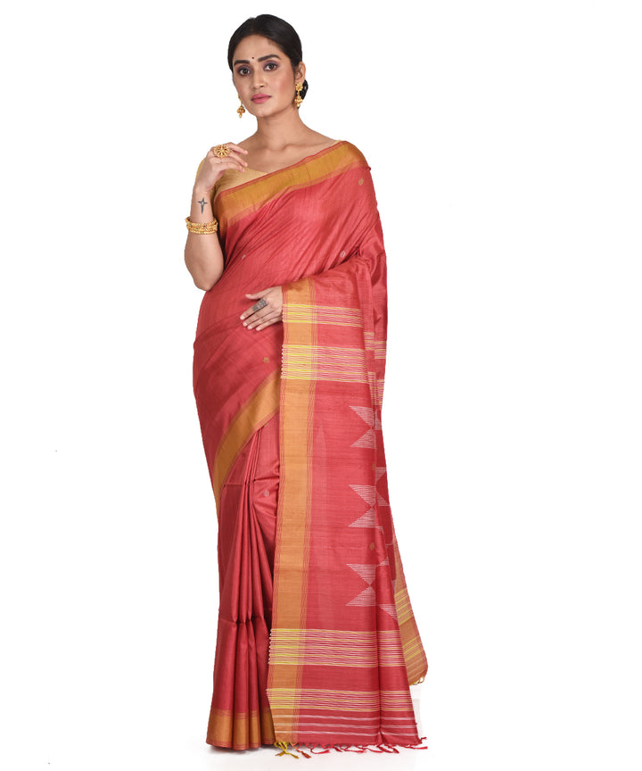 Red orange handwoven tussar silk bengal sari
