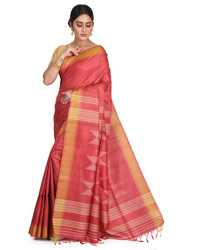 Red orange handwoven tussar silk bengal sari
