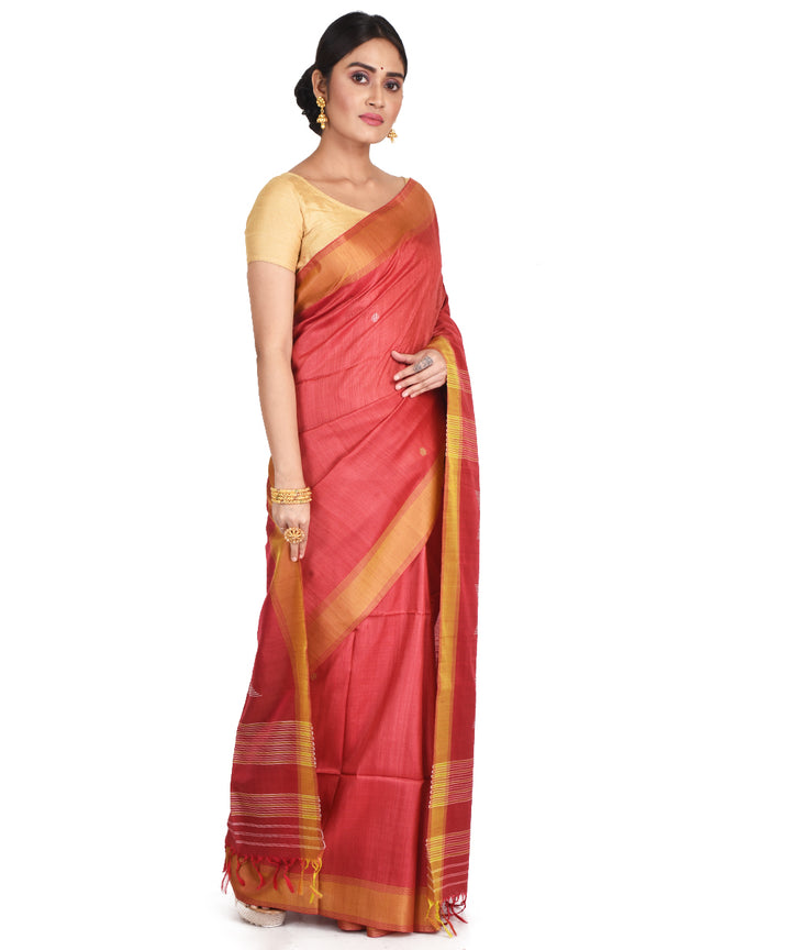 Red orange handwoven tussar silk bengal sari