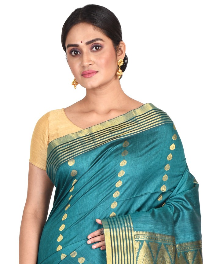 Teal green handwoven tussar silk bengal sari