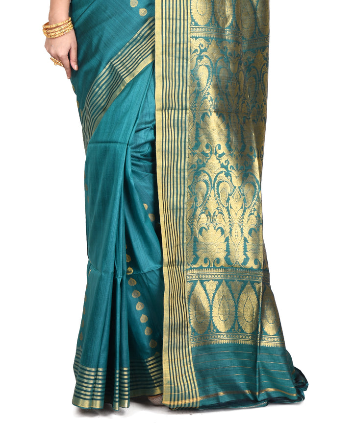 Teal green handwoven tussar silk bengal sari