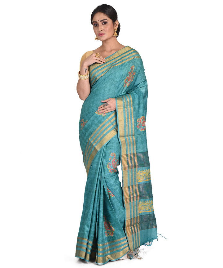 Cyan green block print tussar silk bengal sari