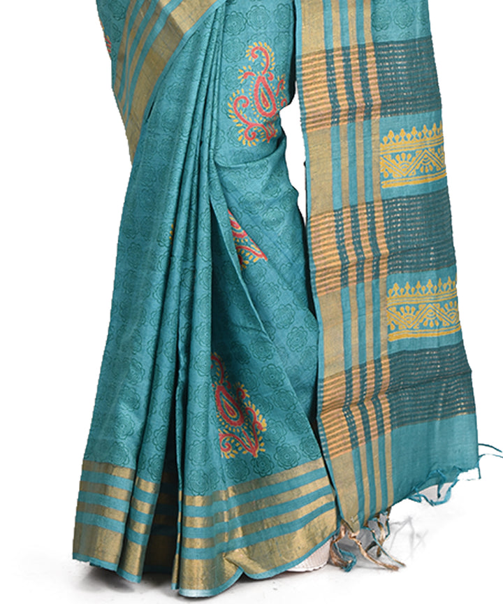 Cyan green block print tussar silk bengal sari