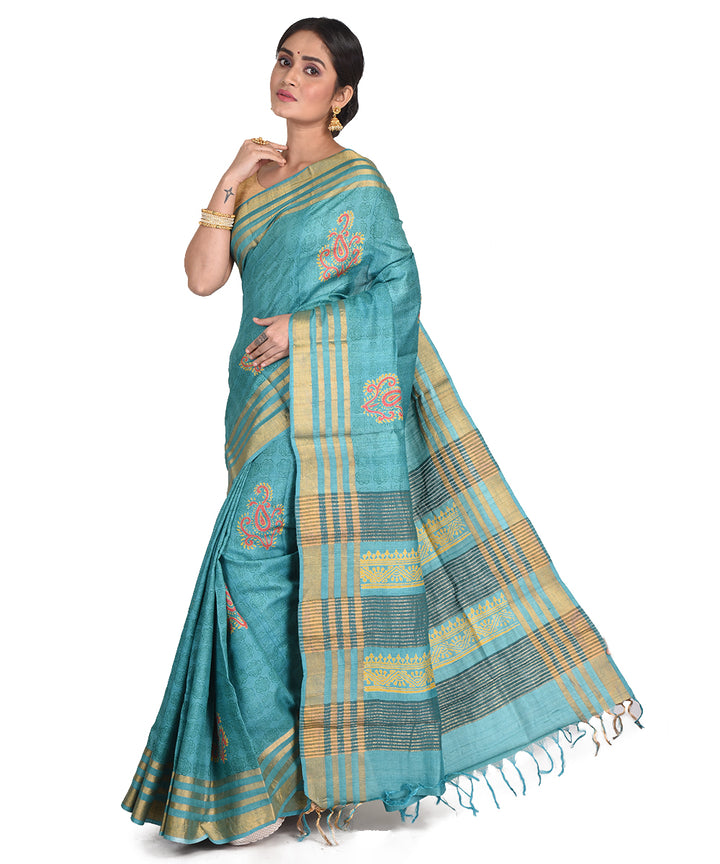 Cyan green block print tussar silk bengal sari